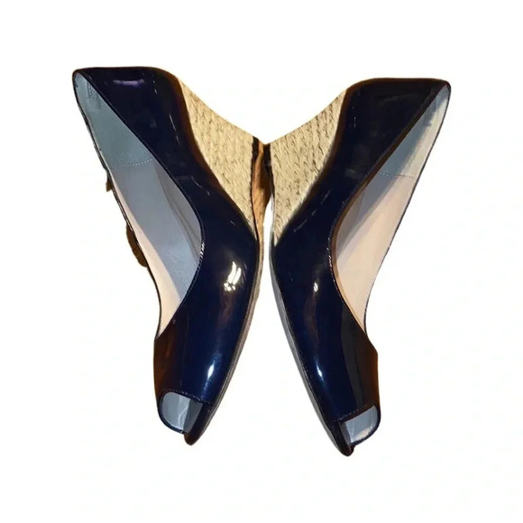 LK Bennett Navy Blue Edee Patent Leather Peep Toe Wedges Size 39.5 - Picture 5 of 7